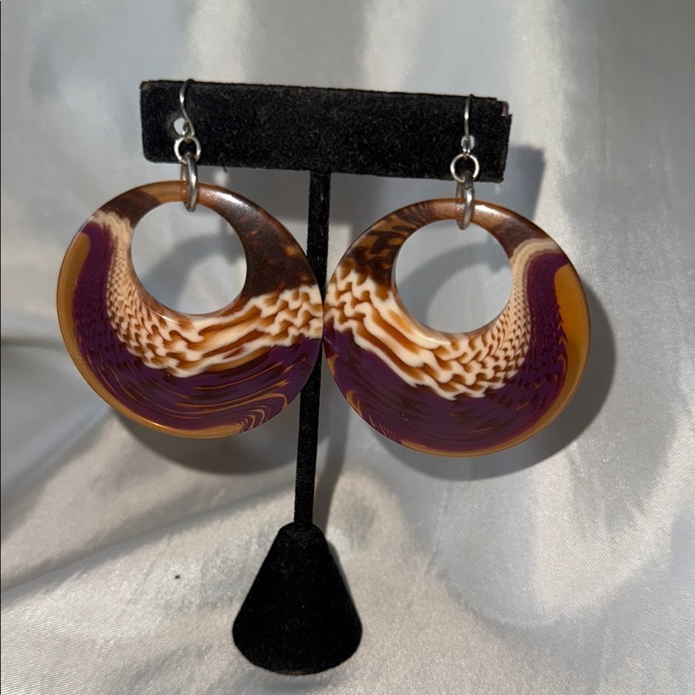 Amber & Plum Swirl Resin Open Hoop Dangle Earrings Abstract Art Deco Style